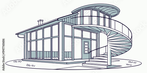 A modern glass house with a spiral staircase Vector