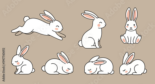 Adorable white rabbits in various poses, from playful jumps to peaceful slumber.