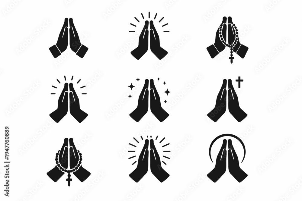 Fototapeta premium Collection of praying hands icons with rosary and cross variations