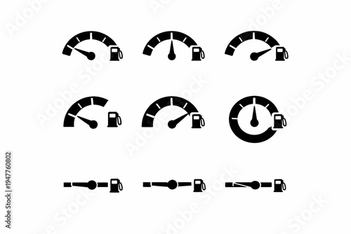 Set of fuel gauge icons showing various levels of gasoline in black and white design