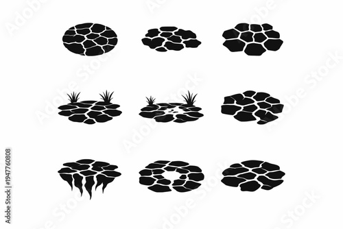 Set of eight geometric stone patterns with grass elements