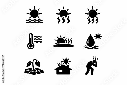 Heatwave icons: sun, temperature, dehydration, house, person