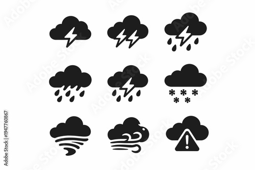Set of black weather icons including lightning, rain, snow, tornado, and wind symbols