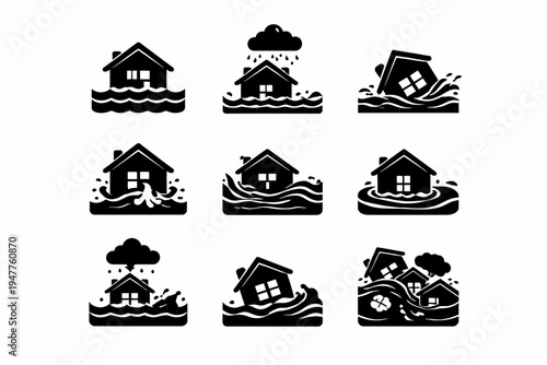Set of nine flood icons illustrating houses in various stages of flooding and water damage