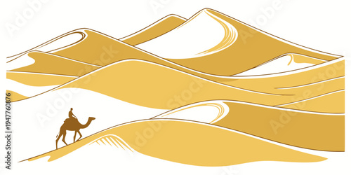 A camel standing on a sand dune in the desert Vector