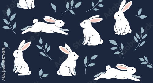 Adorable white rabbits in various playful poses, perfect for spring and Easter themes.
