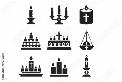 Set of religious candle icons with cross and flame designs