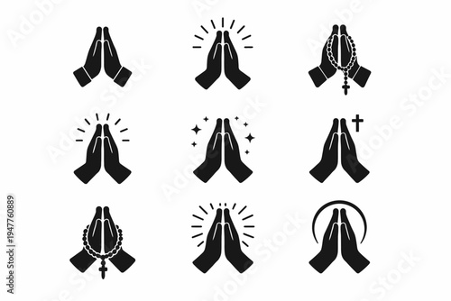 Collection of praying hands icons with rosary and cross variations