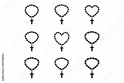 Set of various rosary icons with cross pendants in heart and circular shapes