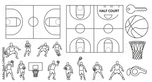 Basketball Elements - Courts, Players, Equipment, and Key.