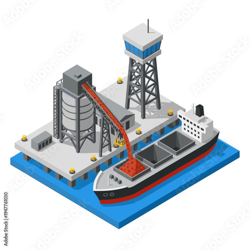 Isometric illustration of a bulk cargo terminal with a conveyor belt loading a ship with raw materials.