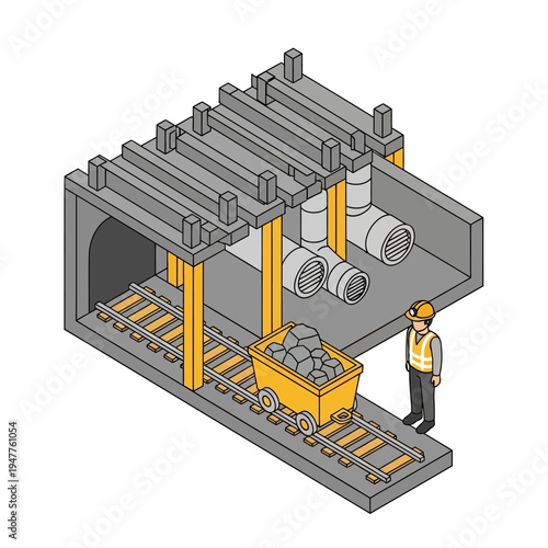 Isometric illustration of a coal mine entrance with a mine cart full of coal and a miner standing nearby, showcasing industrial mining operations and infrastructure.