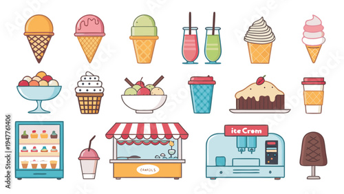 Vibrant Set of Flat Design Vector Icons and Illustrations Featuring a Wide Variety of Ice Cream, Sundaes, Shakes, Cakes, and Sweet Treat Shop Equipment for Menus