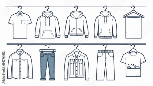 A diverse collection of modern casual clothing items, including shirts, hoodies, jeans, and jackets, neatly arranged on hangers, representing a complete contemporary wardrobe
