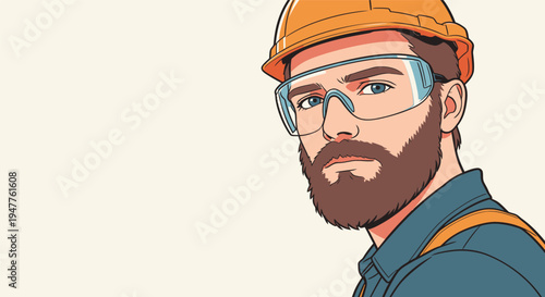 A worker stands with a serious expression, wearing a hard hat and protective glasses, ready for work in a safe environment.