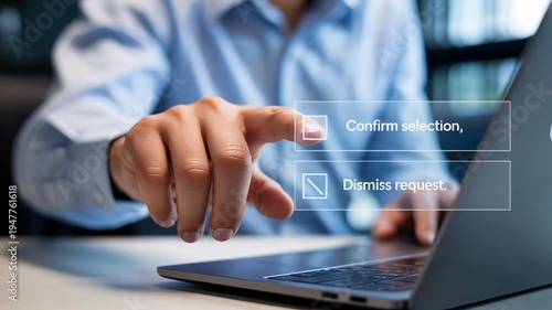 Businessman's hand selects digital options on a laptop screen, illustrating modern.