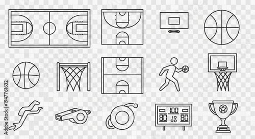 Basketball Equipment and Court Outline Icons for Sports Design.