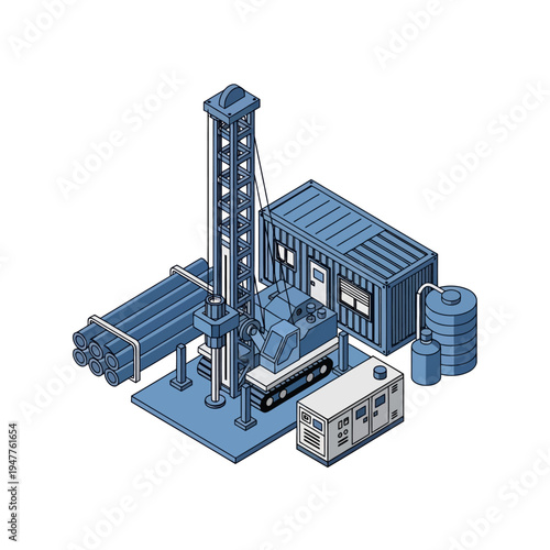Isometric illustration of a drilling rig with pipes, a container, and auxiliary equipment, representing industrial operations.