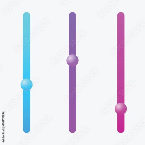A colorful graphic design featuring three vertical sliders with gradient colors and interactive spheres