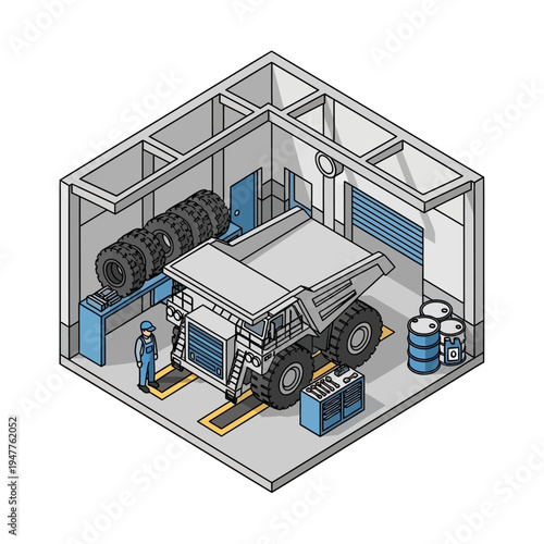 Isometric view of a large mining truck being serviced in a workshop with spare tires and barrels of oil.