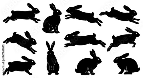 Collection of black rabbit silhouettes in various dynamic poses, showcasing their agility and natural movements.