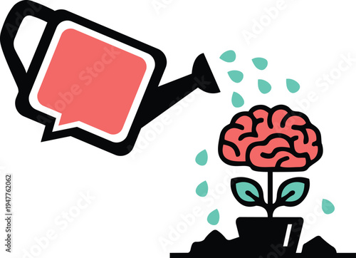 Flat vector illustration of a speech bubble watering can nurturing a brain plant for mental growth and communication concept