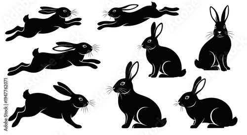 Collection of black rabbit silhouettes in various poses, including running, jumping, and sitting.