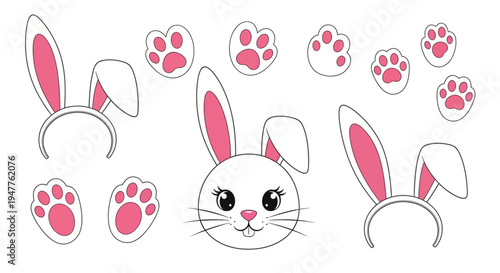 Cute White Bunny Ears Headbands and Pink Paw Prints Set.