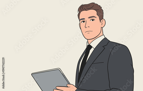 A businessman stands in an office space holding a tablet while looking directly at the viewer during a workday.