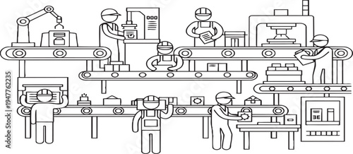 Detailed factory production line with workers, robotic arm, conveyor belts, and machinery, illustrating industrial manufacturing process