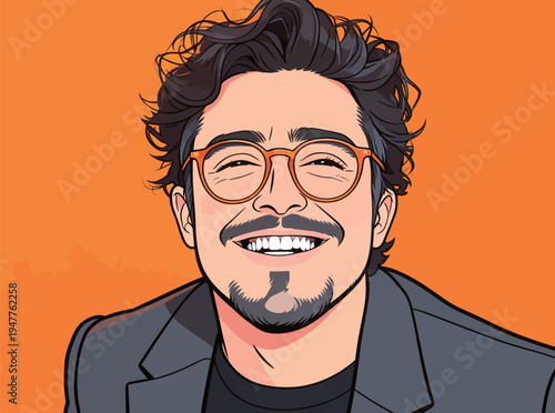 A man wears glasses and a black shirt while smiling. His dark hair is styled, and he looks happy in front of an orange backdrop.