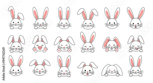 Collection of Hand-Drawn Bunny Faces with Expressive Features.
