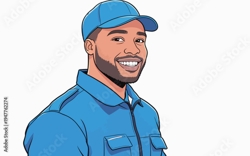 A man wearing a blue uniform and cap stands with a smile. He appears friendly and approachable in a plain background.