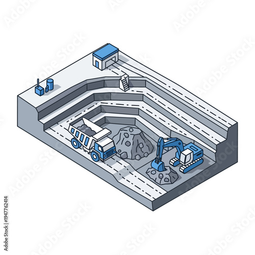 Isometric illustration of an open-pit mine with heavy machinery, including a dump truck and an excavator, actively extracting resources.