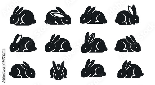 Collection of Black Rabbit Silhouettes in Various Poses.