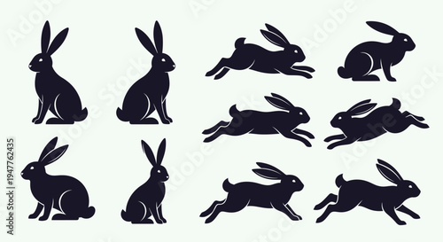 Collection of black rabbit silhouettes in various poses, including sitting, standing, and running.