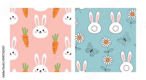 Cute cartoon bunnies and carrots, a delightful pattern for spring and Easter celebrations.