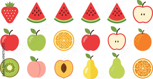 Colorful fruit icons big collection with apple watermelon orange kiwi peach pear and strawberry vector set