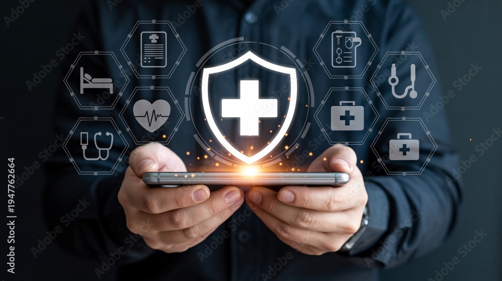 Naklejka premium Hands hold smartphone displaying glowing shield with medical icons.