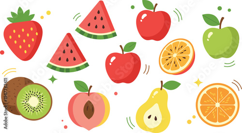 Fresh colorful fruit collection with apple strawberry watermelon orange kiwi peach and pear vector illustration set
