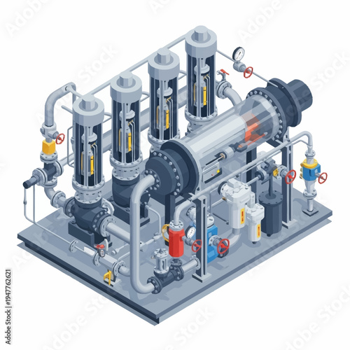 Isometric illustration of an industrial water treatment system with pipes and tanks.