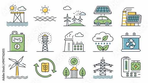 A comprehensive collection of outline vector icons depicting various aspects of green energy, renewable power sources, environmental sustainability, and eco-friendly technology solutions