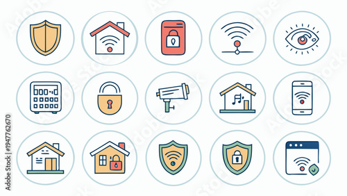 Collection of smart home security and automation line icons, illustrating wireless connectivity, digital protection, and integrated residential technology for modern living concepts