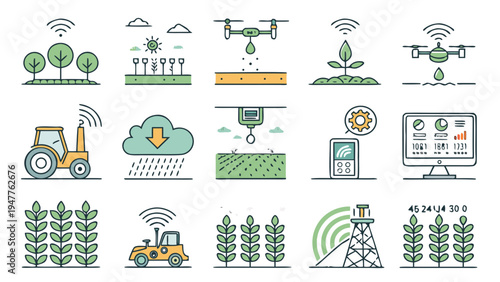 Comprehensive Set of Line Icons Illustrating Smart Farming Technologies and Digital Agriculture Solutions for Modern Crop Management and Sustainable Food Production