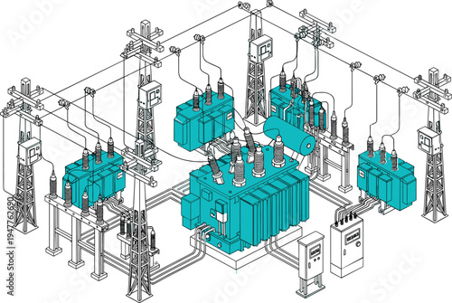 Isometric technical illustration of high voltage electrical substation with power transformers, distribution lines, circuit breakers, and industrial energy infrastructure equipment