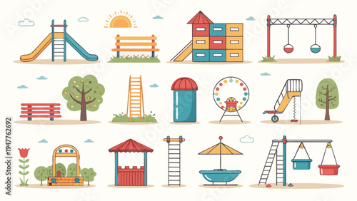 Collection of Colorful Illustrated Children's Playground Equipment and Park Elements, Featuring Slides, Swings, Benches, and Trees for Outdoor Fun and Recreation