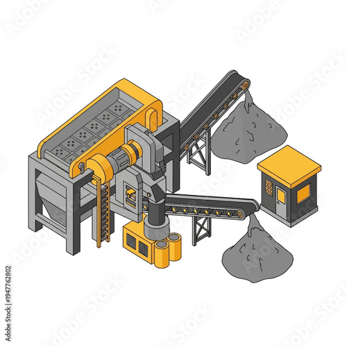 Isometric illustration of an industrial crushing and conveyor belt system for processing materials, with a small control booth.