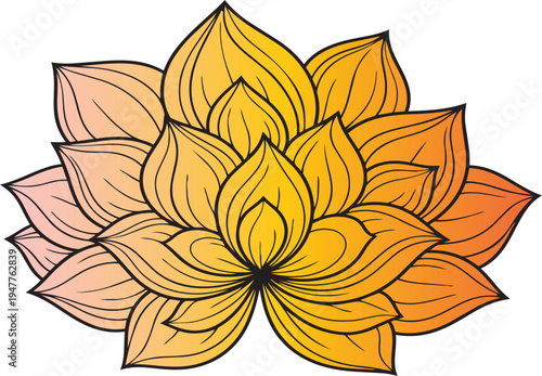 Lotus flower mandala vector art with warm orange and yellow gradient petals featuring intricate line work for meditation and spiritual design themes