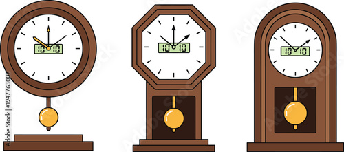 Vector illustration set of three ornate pendulum clocks with circular, octagonal, and arched frames, analog and digital displays showing 10:10 time