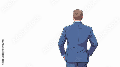 A man in a blue suit stands with his back facing the viewer. He has short light hair and a neutral stance.